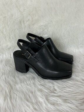 Intentionally Blank Honcho Black Leather Square Toe Sling Back Heels NWOT 7